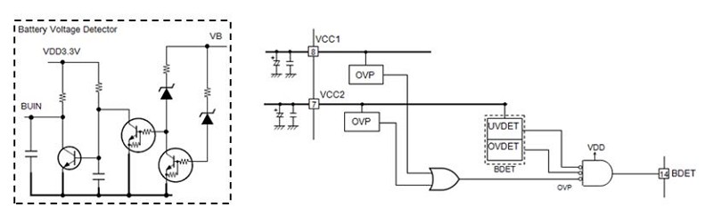 圖左右為整合的電池電壓檢測電路節省元件數和PCB面積。