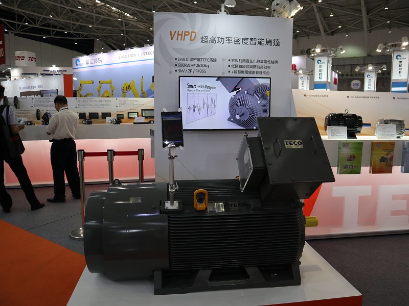 東元電機展出「超高功率密度暨智能馬達（VHPD）」產品，挑戰全球355框號馬達功率密度的上限。（攝影／王明德）