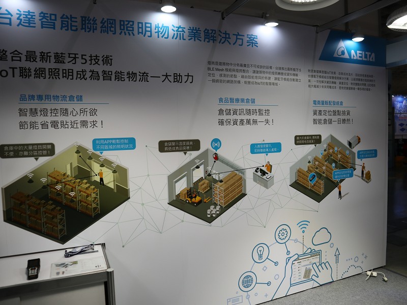 台達電的智能聯網照明物流業解決方案，將燈具與藍牙5模組整合，使其具有資料傳輸、定位、感測功能。(攝影／王明德)
