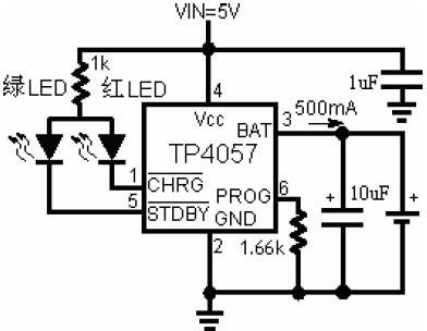 TP4057 IC 周邊接腳與鋰電池充電電路圖