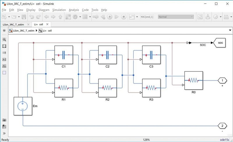 利用Simscape模塊開發的參數估計用恆溫3-RC等效電路。（Em=開路電壓，R=電阻，C=電容）