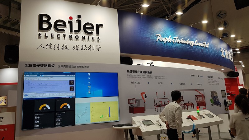 北爾電子今年以「人性科技、耀眼相聚」為主題，將該公司旗下的各種自動化產品的資訊全面整合至其智能看板。（攝影／王明德）