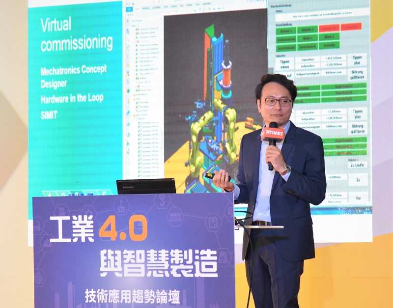西門子工具機事業處協理譚世斌表示，因應現今製造業正面臨生產環境劇烈變動挑戰，唯有不斷彰顯人類價值，成為引領產業變革的核心要素，才能不怕被數位化取代。（攝影／陳念舜）