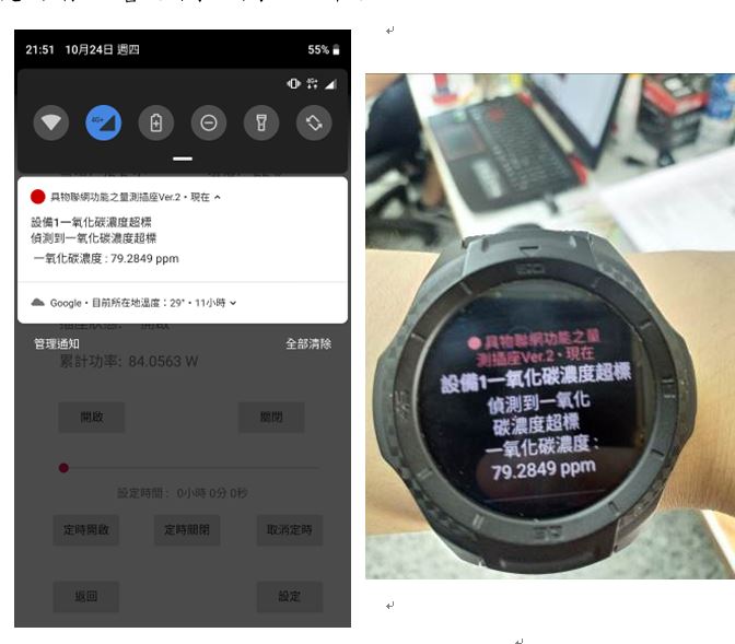 圖(左)手機APP警示圖，(右)智慧型手錶APP警示