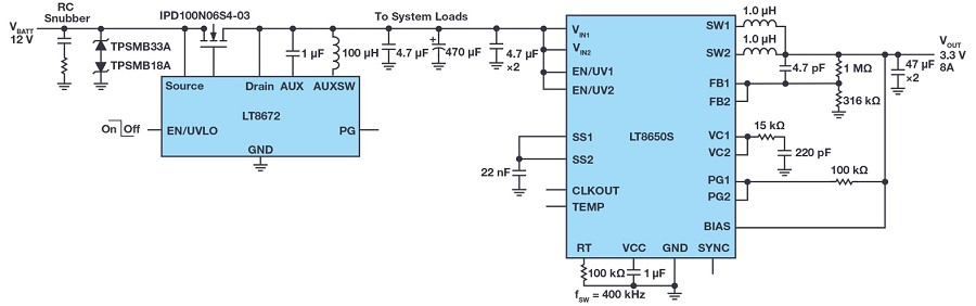 LT8672與LT8650S針對高輸出電流設計的組態.