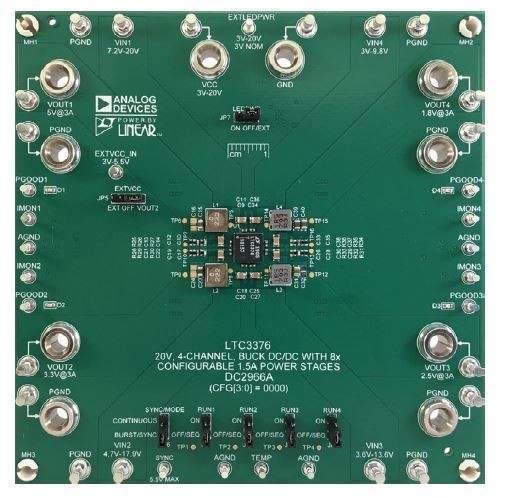 LTC3376展示板為一款4 × 3 A 降壓解決方案，可輸出5 V、3.3 V、2.5 V、以及1.8 V等電壓