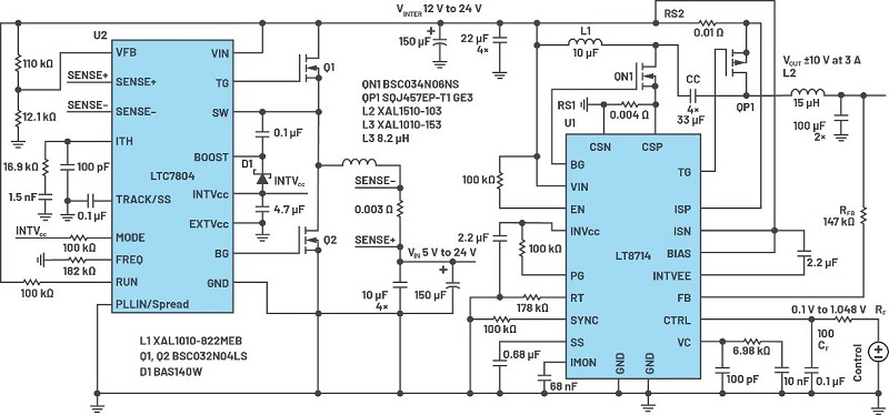 雙極/雙向/兩端點(2-terminal)電源供應器的電路圖 : VIN = 5 V 至24 V, VOUT = 3安培電流下+/-10 V