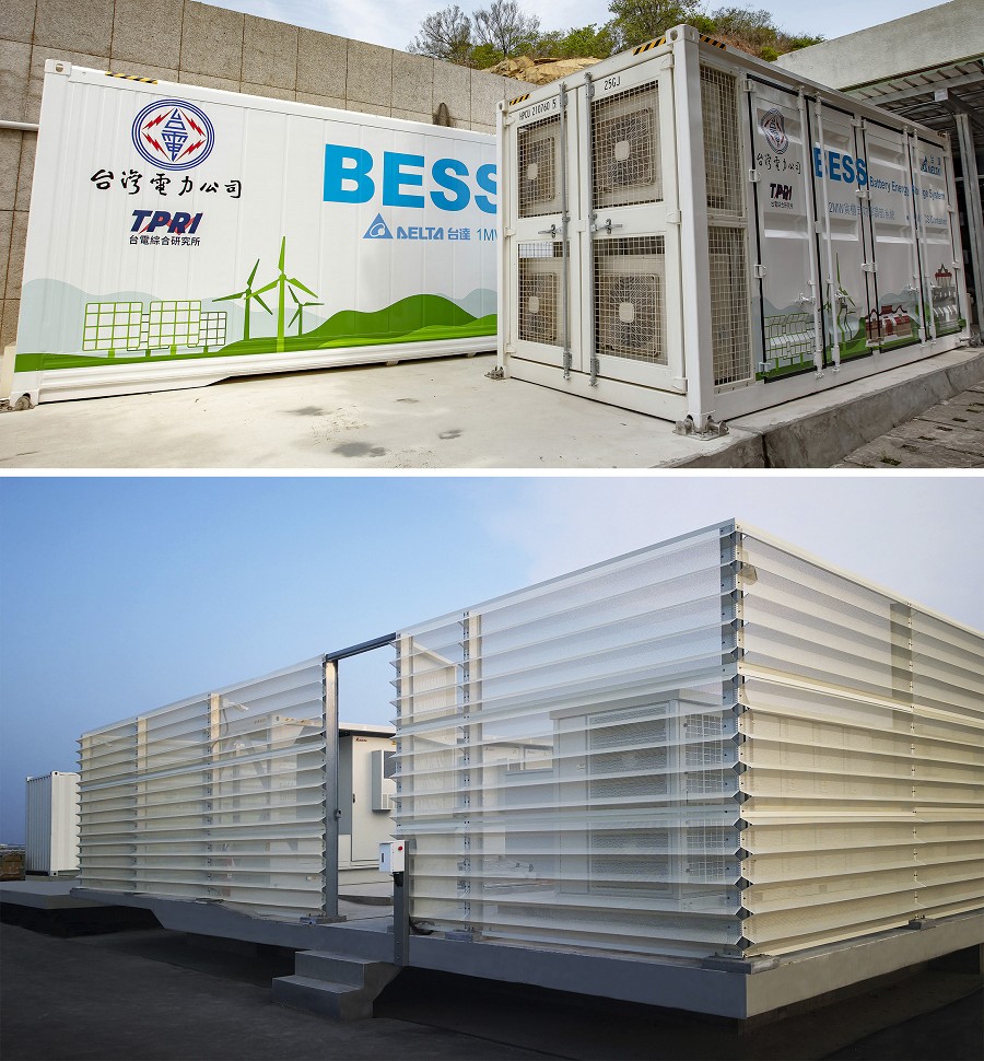 (上)台達電為金門塔山電廠夏興分廠建置目前台電容量最大的2MW1MWh的儲能系統;(下) 彰濱光電場建置的儲能系統。(Source：台達電)