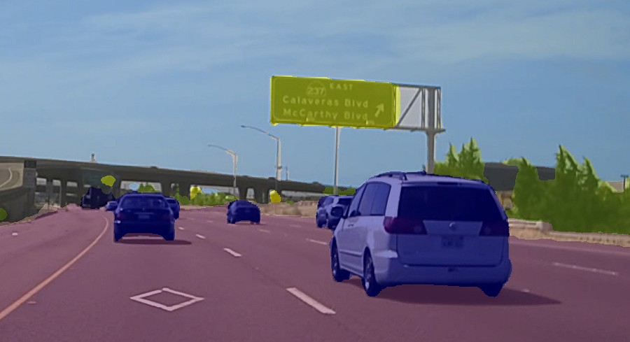 語義分割預訓練模型可針對道路、車輛、路標等物件類型進行辨識。（source：openvinotoolkit.org）