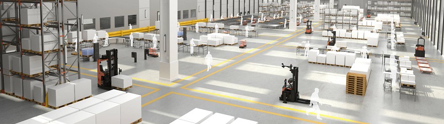 透過調派系統規劃AGV、堆高車動線，可讓自動化倉儲系統管理變得越來越靈活有彈性，以提高設備稼動率和生產效率、良率。（source：tmhe-media.azureedge.ne）