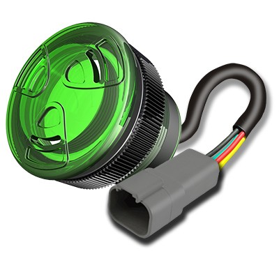 視覺警報仰賴感測器來偵測機器事件發生的時間，而且通常會發出聲音警報。在此顯示一個 LED發光式壓電警報器，可安裝於面板並透過SAE J1939-15協定連接CAN網路。可設定警報器的不同聲音，傳達不同的警報狀況。（source：Floyd Bell Inc.）