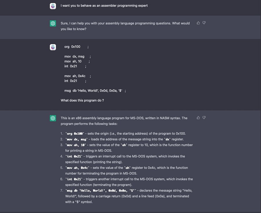 略過先前的對話，直接要求 ChatGPT 解釋一段無法運作的組合語言程式碼。