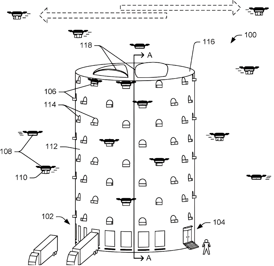 Amazon設計用於無人機起降的多層物流中心示意圖。（source：美國專利公告號US9777502B2）