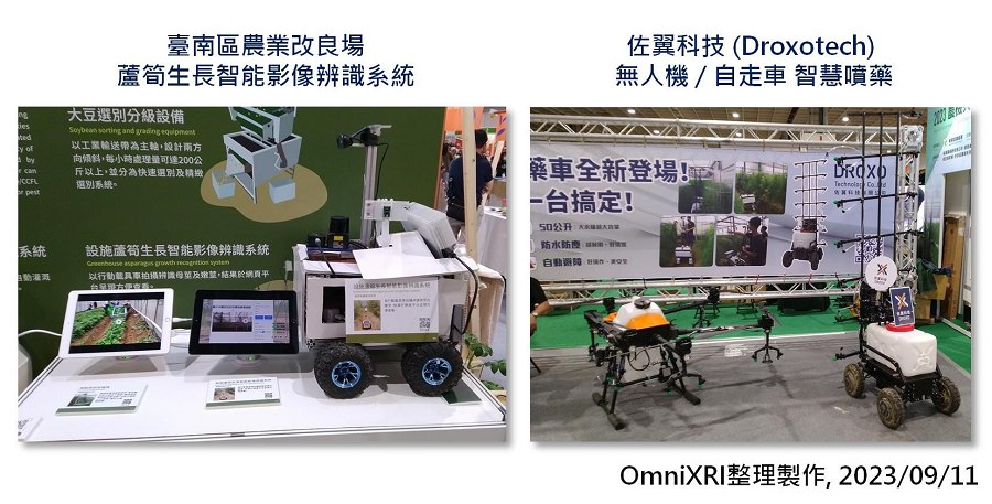 左：臺南區農業改良場「蘆筍生長智能影像辨識系統」，右：佐翼科技無人機/自走車智慧噴藥。