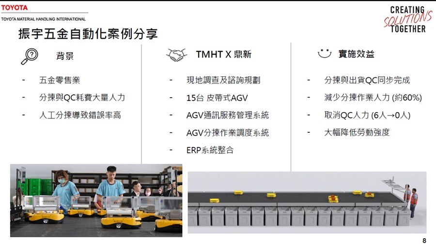 全台最大五金百貨振宇五金，便透過連結鼎新數位系統與和泰豐田的小黃人，改善分揀流程，加速倉儲人員作業效率。（source:鼎新電腦）
