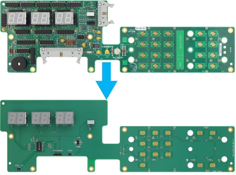 原PCB與新PCB的並排比較。該範例由Josh Booth開發。