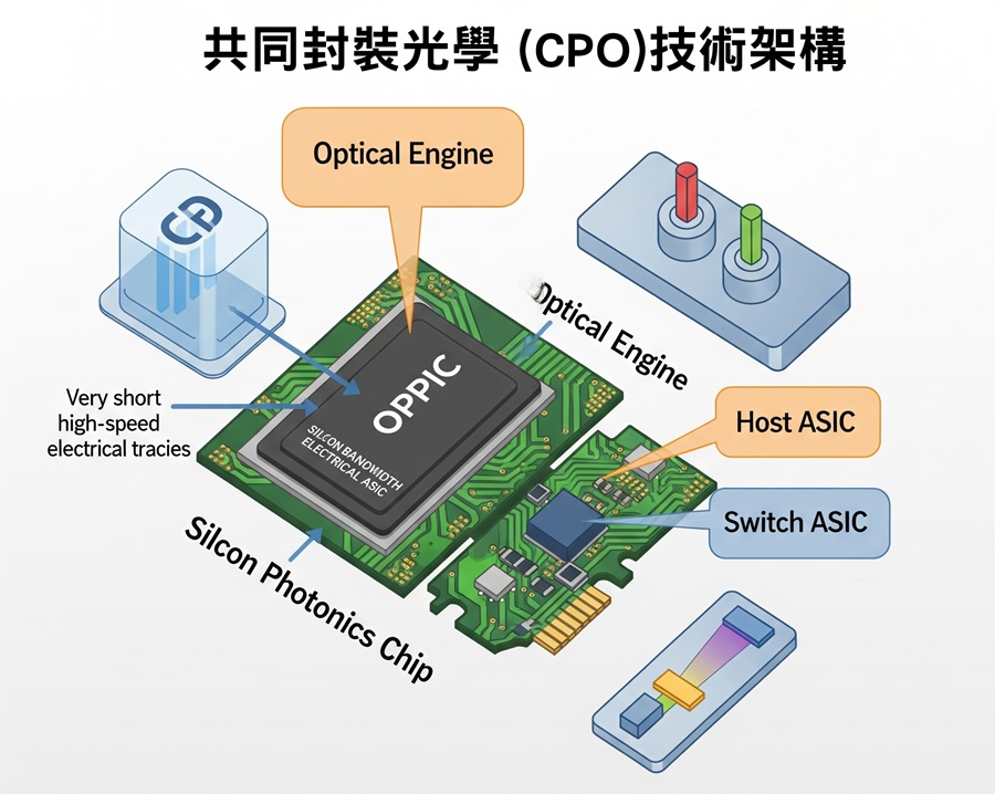 CPO架構提出了一個解決方案，將光學收發引擎（包含雷射、調變器、探測器等）與交換器ASIC等電子晶片共同整合在同一個封裝基板上。
