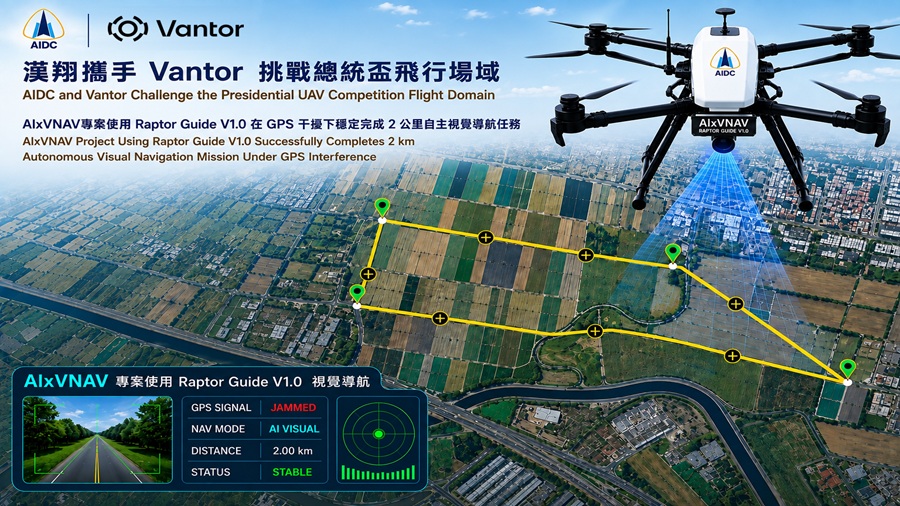 漢翔再攜手Vantor，強調可在無GPS的測試條件下，仍穩定、順暢完成約2公里自主飛行任務。