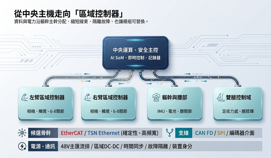 中央主控透過確定性骨幹連接四肢控制域，再由區域控制器管理感測器與關節。