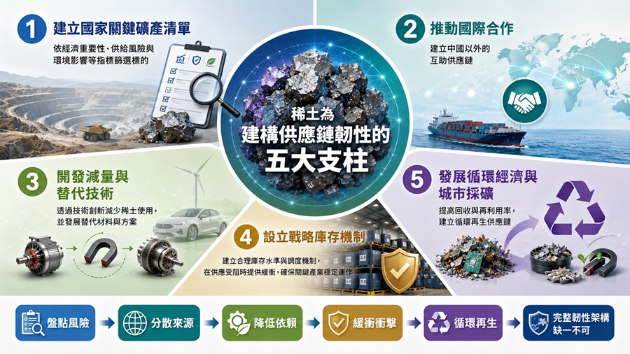 稀土可歸納為穩定高風險關鍵材料供應鏈韌性的五大支柱。